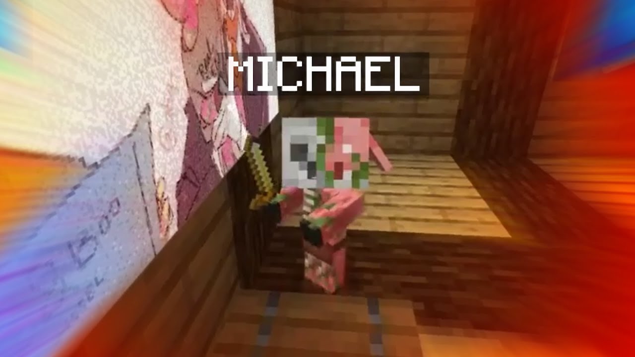 A screenshot of someone's stream. They're standing in one of the Snowchester houses looking down at a very tiny zombified baby piglin. It's holding a golden sword. Someone named the piglin MICHAEL in all capital letters. There is a red action aura around the screenshot to add in the energy one needs when reading Michael's name.